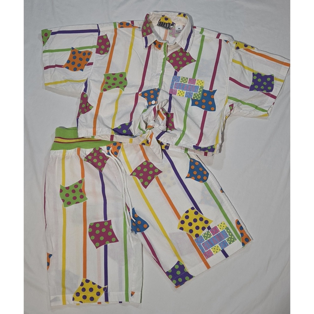 90s Gitano Collections Short Set Women M/S White Multi Vintage Geometric